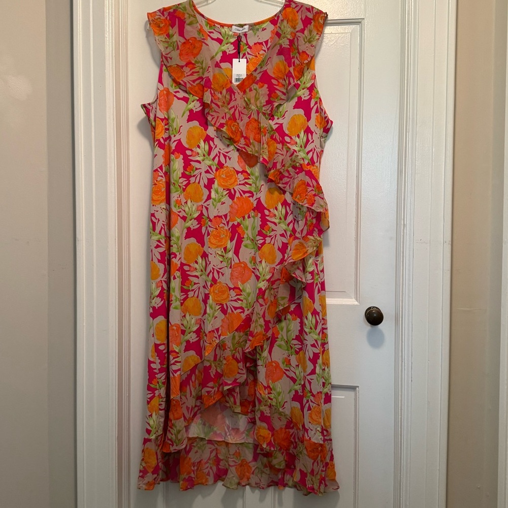 Calvin Klein floral, ruffled, high-low dress, midi/maxi, 2X, EUC.
